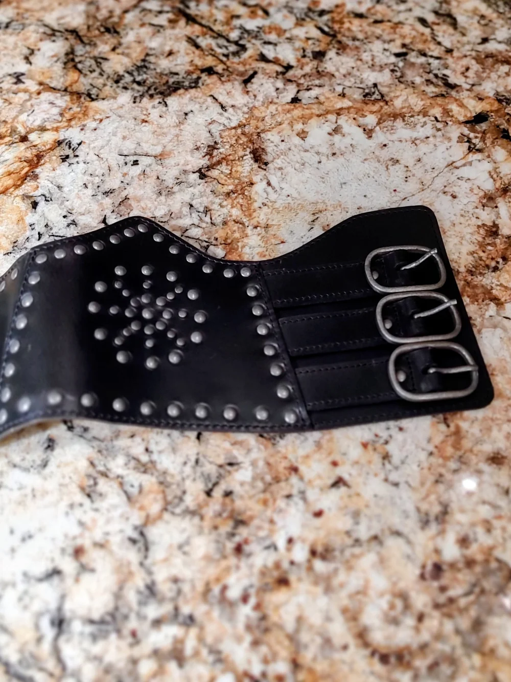 Women’s Wide Black Studded Leather Waist Belt with Triple Buckle